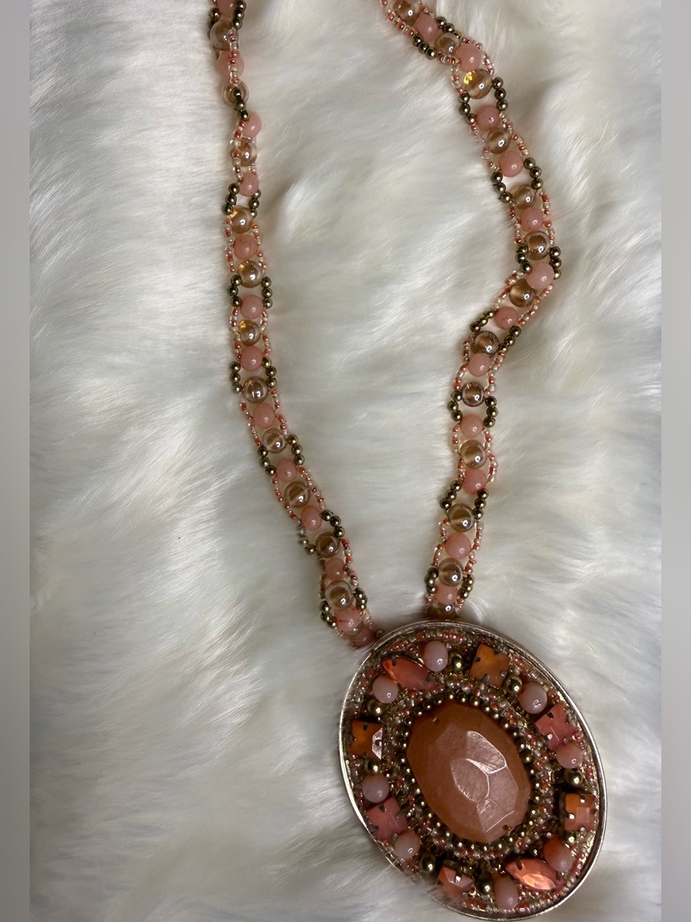 Beautiful Coral & Pink Jeweled and Beaded Necklace